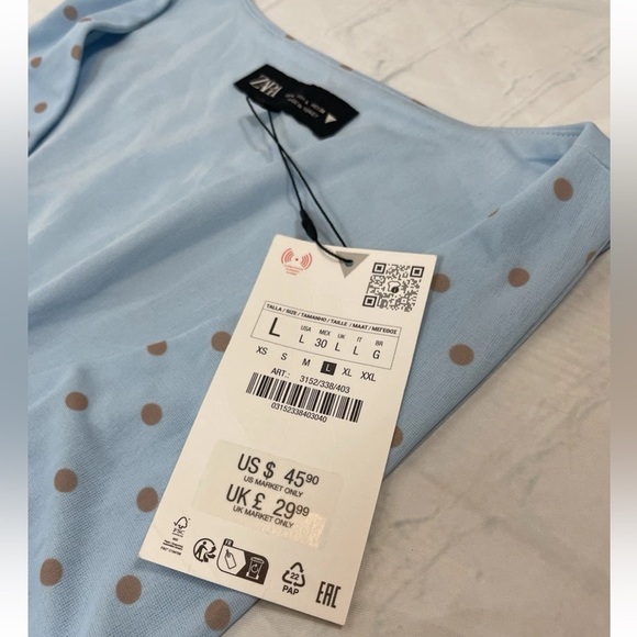 ZARA Blue Polka Dot Mini Dress Ruched V Neck Women’s Size Large NEW - Picture 5 of 14